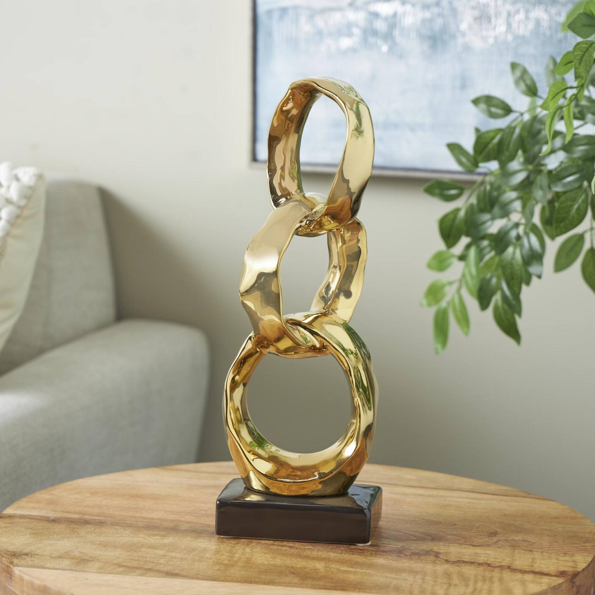 15" Gold Abstract Interlocked Rings Ceramic Sculpture with Black Base